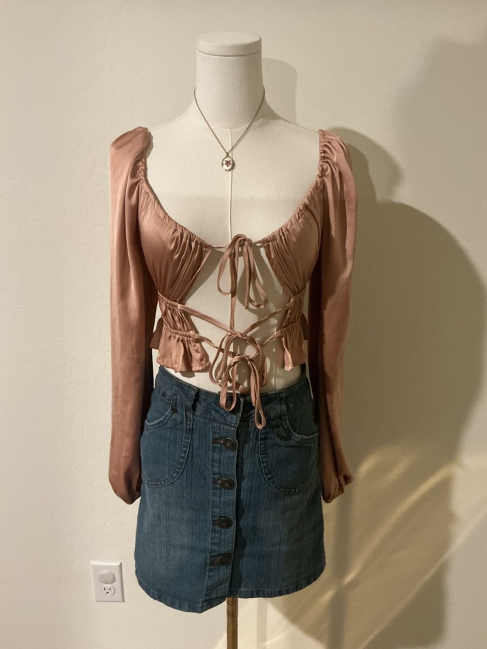 Mixed Threads dusty rose lace up satin top